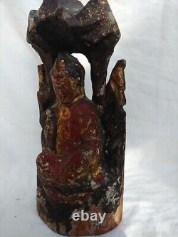 Rare Archaic Large Antique Chinese Tibetan Wood Red Lacquer Buddha & Attendant