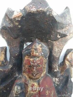 Rare Archaic Large Antique Chinese Tibetan Wood Red Lacquer Buddha & Attendant