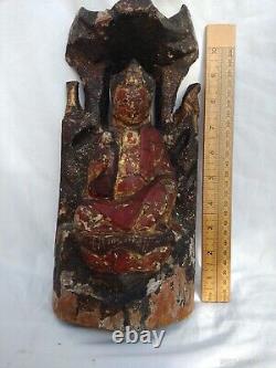 Rare Archaic Large Antique Chinese Tibetan Wood Red Lacquer Buddha & Attendant