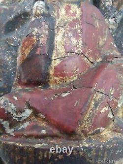 Rare Archaic Large Antique Chinese Tibetan Wood Red Lacquer Buddha & Attendant