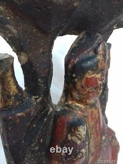 Rare Archaic Large Antique Chinese Tibetan Wood Red Lacquer Buddha & Attendant