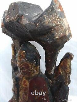 Rare Archaic Large Antique Chinese Tibetan Wood Red Lacquer Buddha & Attendant