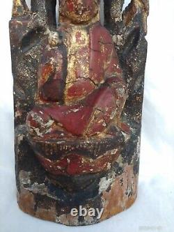 Rare Archaic Large Antique Chinese Tibetan Wood Red Lacquer Buddha & Attendant