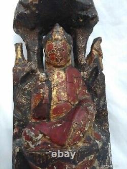 Rare Archaic Large Antique Chinese Tibetan Wood Red Lacquer Buddha & Attendant