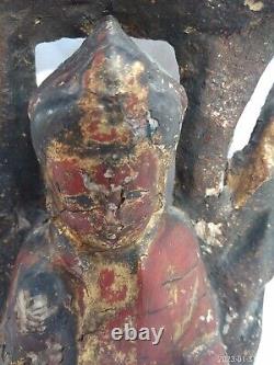 Rare Archaic Large Antique Chinese Tibetan Wood Red Lacquer Buddha & Attendant