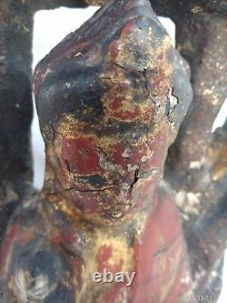 Rare Archaic Large Antique Chinese Tibetan Wood Red Lacquer Buddha & Attendant