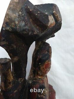 Rare Archaic Large Antique Chinese Tibetan Wood Red Lacquer Buddha & Attendant