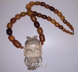 Rare, Fabulous, Antique Chinese Large Amber Resin Necklace With Immortal Pendant