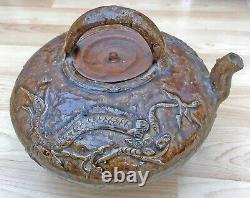 Rare LARGE Antique 19c Teapot Rustic Chinese Pottery Clay with DRAGONS