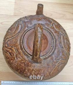 Rare LARGE Antique 19c Teapot Rustic Chinese Pottery Clay with DRAGONS