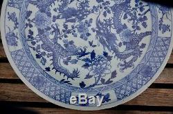 Rare Large Chinese Antique Blue & White Double Dragon Charger Plate 14.75 38cms