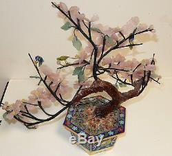 Rare Large Cloisonne Enamel Rose Quartz Jade Stone Blossom Tree With Birds