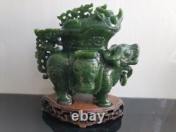 Rare Large Green Jade Type Carved Chinese Mystical Animal Sculpture On Stand