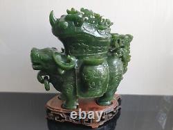 Rare Large Green Jade Type Carved Chinese Mystical Animal Sculpture On Stand