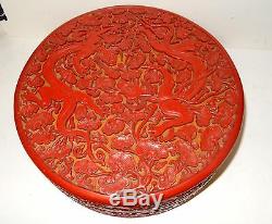 Rare Large Old Cinnabar Carved Fire Dragons Lacquer Box Signed By Maker