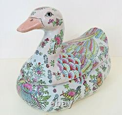 Rare Large Porcelain Polychrome Famille Rose Duck Terrine