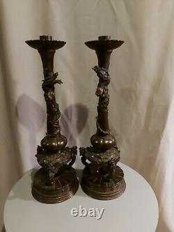 Rare Large pair of Antique Chinese Bronze Dragon Candlesticks Circa 1850 to 1890