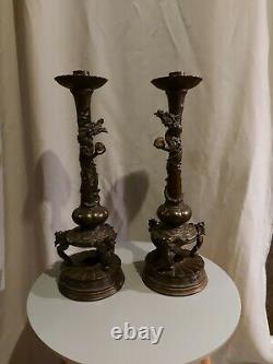 Rare Large pair of Antique Chinese Bronze Dragon Candlesticks Circa 1850 to 1890