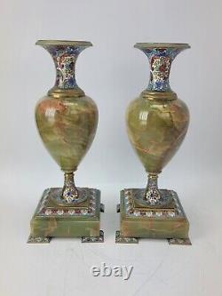 Rare Pair Large Champleve And Onyx Urns Candlesticks