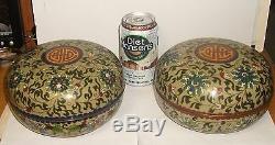 Rare Pair Of Large Old 19th C. Chinese Bronze Cloisonne Enamel Bowl Jar Boxes