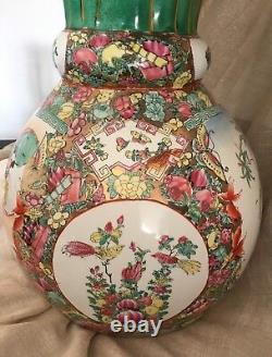Rare Vintage Early 20c. Chinese Rose Famille Large Ornate Vase Lotus Leaf Rim