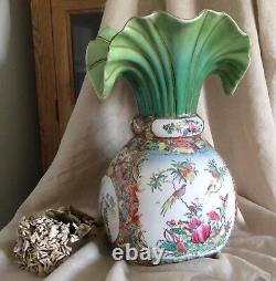 Rare Vintage Early 20c. Chinese Rose Famille Large Ornate Vase Lotus Leaf Rim