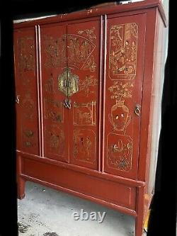 Stunning Antique Large Chinese Red Lacquer Wedding Cabinet Storage 19th Century