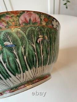 Stunning Large 1920s Famille Rose Cabbage Leaf & Butterfly Bowl Chinese Canton