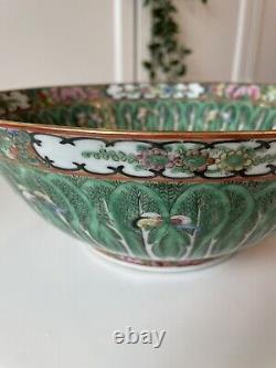 Stunning Large 1920s Famille Rose Cabbage Leaf & Butterfly Bowl Chinese Canton
