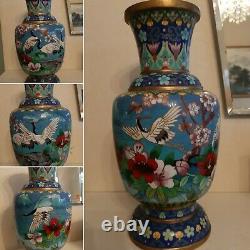 Stunning Vintage Rare Large Chinese Cloisonne Vase Cranes Peony Lotus Cherry