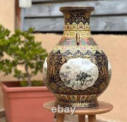 Superb Large Chinese Imperial Qing Qianlong Gilded Painted Enamel Vase Landscape