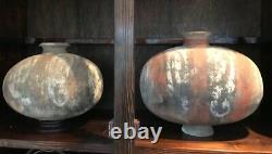 Two Large Antique Chinese Painted Silkworm Shaped Clay Pottery Vases, Han Dynasty