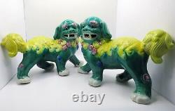 Two Large Antique Early 20th C. Hand Painted Chinese Porcelain Foo Dog Figurines