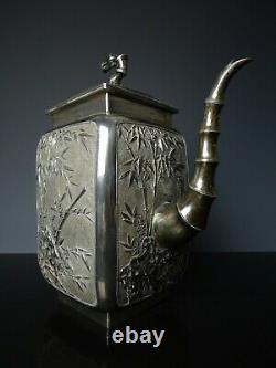 Very Beautiful Large Chinese Export Silver Teapot-Bamboo-19th C. WANGHING Mark