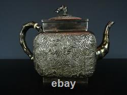 Very Beautiful Large Chinese Export Silver Teapot-Bamboo-19th C. WANGHING Mark