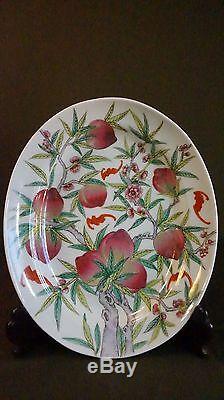 Very Fine Large Chinese Republic Period Famille Rose Plate Depicting Peaches Bat