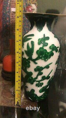 Very Fine Large Early 1900 Chinese Green Peking Glass Vase Phoenix Butterfly 12