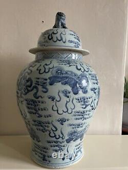 Very Large Contemporary Chinese Porcelain Temple Jar Blue & White Foo Lion