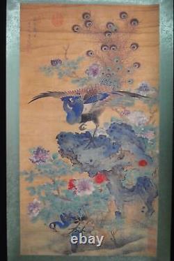 Very Large Old Chinese Scroll Hand Painting Beautiful Peacocks ChenXing Mark