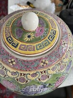 Very Large Vintage Chinese Green Famille Rose Enamelled Stoneware Lidded Jar