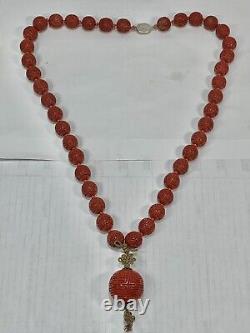 Very Large old antique Chinese cinnabar carved SHOU beads necklace