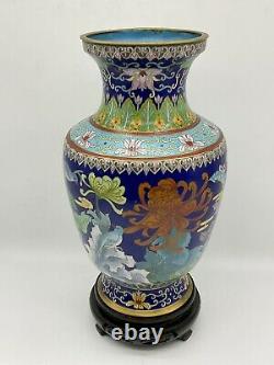 Vintage 20th Original Chinese Cloisonné Large Vase Birds Flowers Butterfly Stand