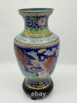 Vintage 20th Original Chinese Cloisonné Large Vase Birds Flowers Butterfly Stand