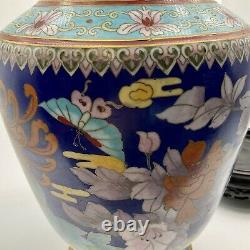 Vintage 20th Original Chinese Cloisonné Large Vase Birds Flowers Butterfly Stand