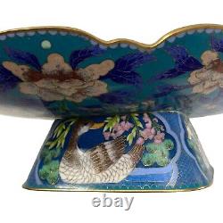 Vintage Chinese Cloisonne Large Footed Bowl Ducks Enamel 15 3/4 x11.5x 4