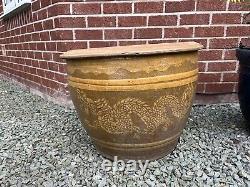 Vintage Chinese Dragon Earthenware Glazed extra Large Planter Brown & Gold