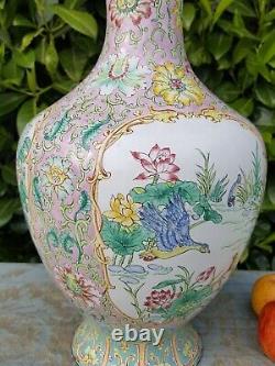 Vintage Chinese Oriental Large Canton Enamel Bird Vase