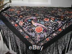 Vintage Edwardian Chinese Silk Embroidery Shawl Large Outstanding