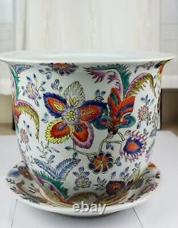 Vintage Famille Rose Porcelain Large Flower Pot Planter Pot with Base Plate 27cm