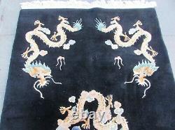 Vintage Hand Made Art Deco Chinese Carpet Black Wool Large Rug 247x154cm Dargon